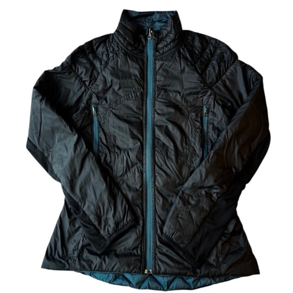 Lululemon Womens Run Turn Around Reversible Down Jacket in black and teal Sz 8 - Picture 2 of 11